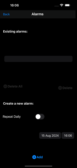 Alarm screen (Dark Mode)