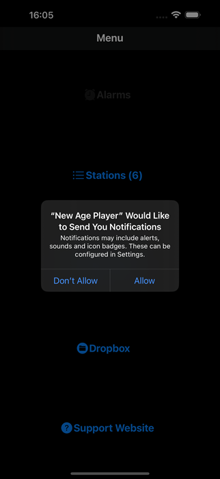 Menu screen allow notifications (Dark Mode)