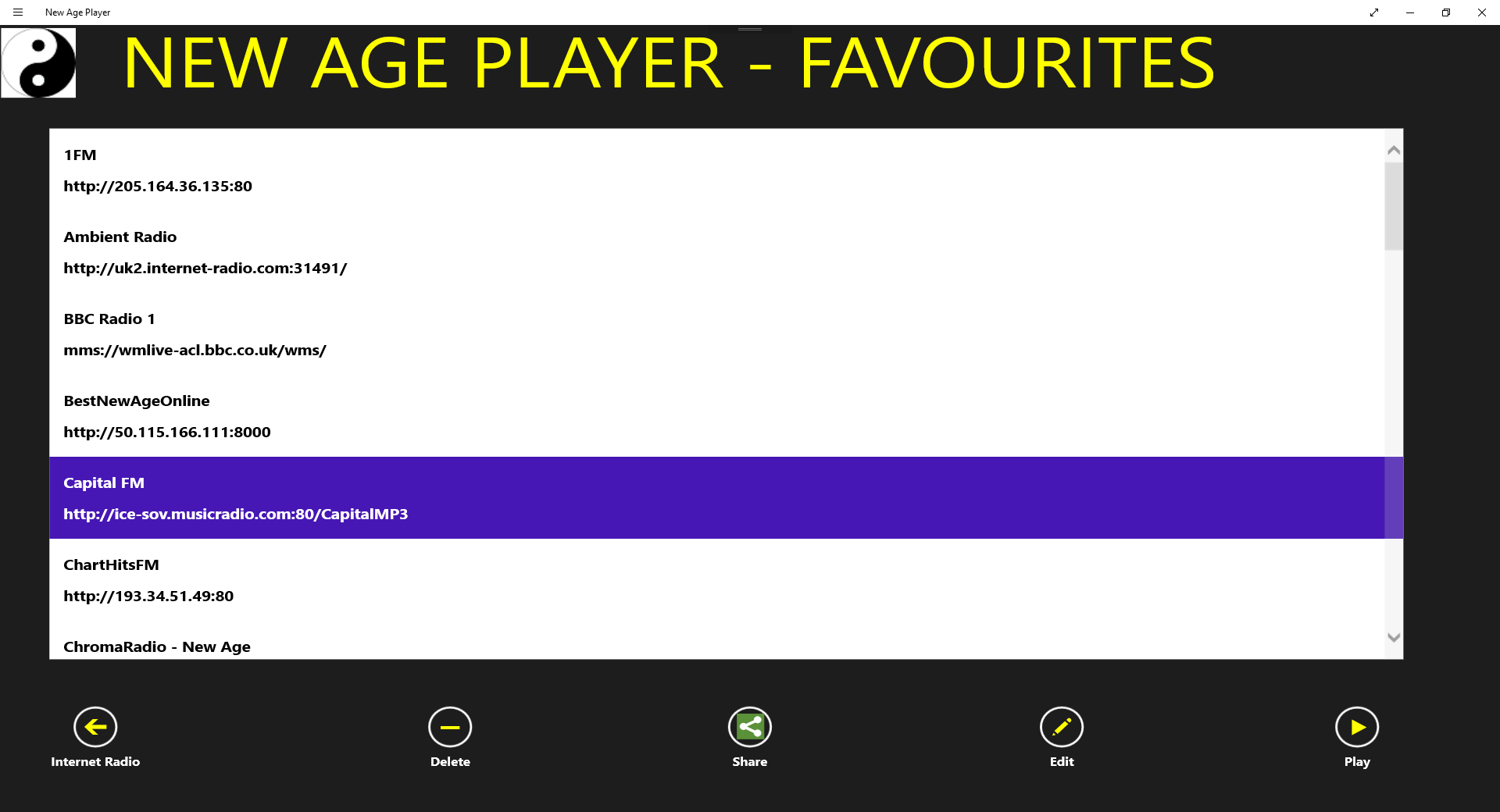 Favourites screen