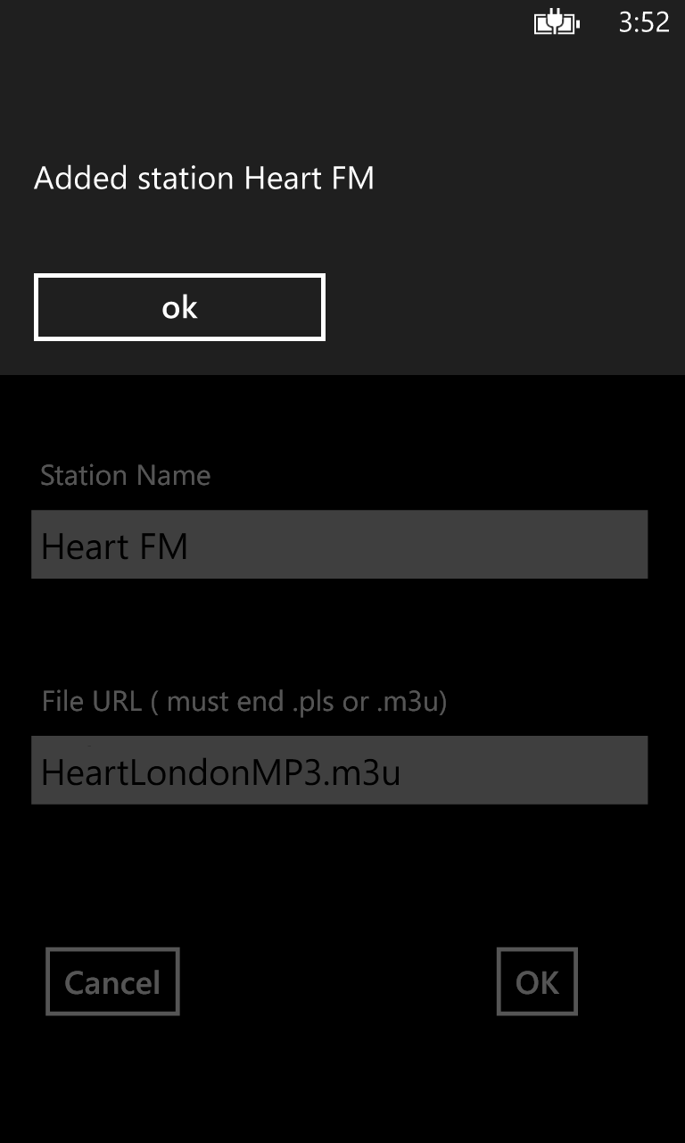 Import Playlist screen with added station dialog