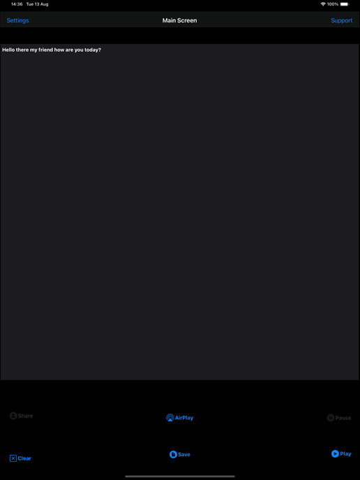 Main screen at startup with text entered (Dark Mode)