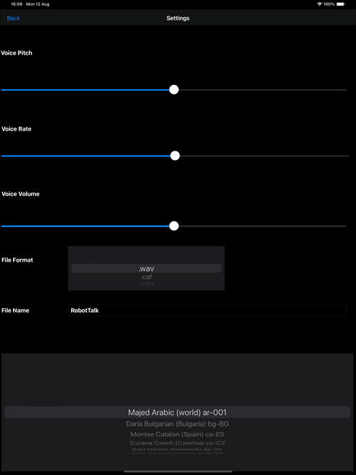 Settings screen (Dark Mode)