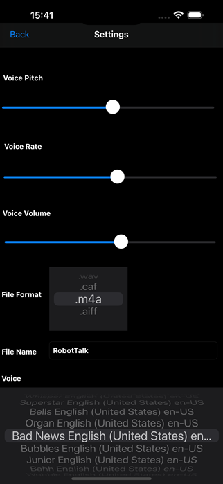 Settings screen (Dark Mode)