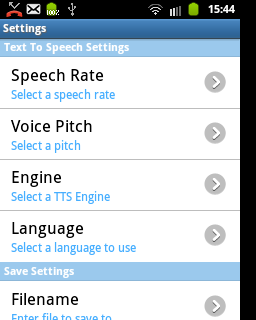 Settings screen displaying engine menu option